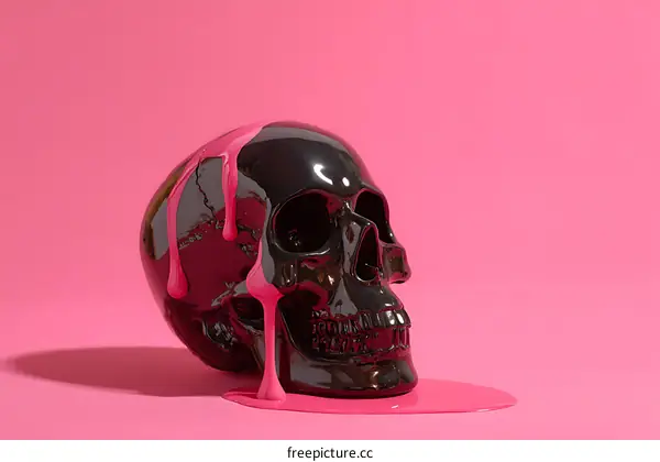 Melted Pink Paint Skull on Pink Background