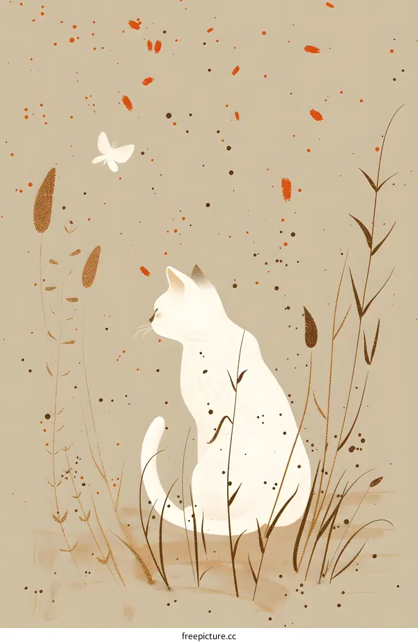 White Cat Sitting in the Grass with a Butterfly