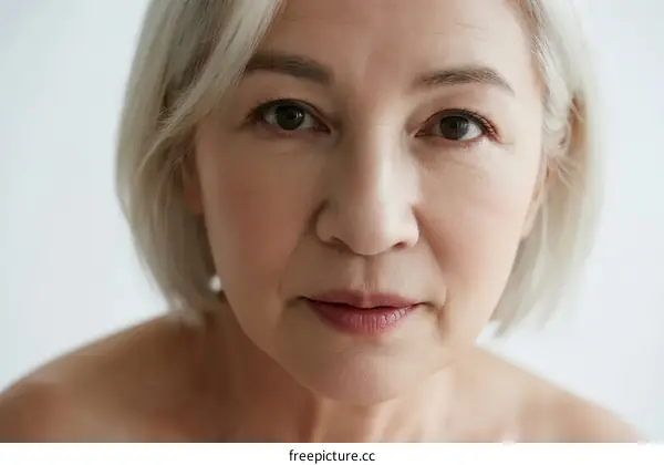 Close-up portrait of a mature woman with short gray hair