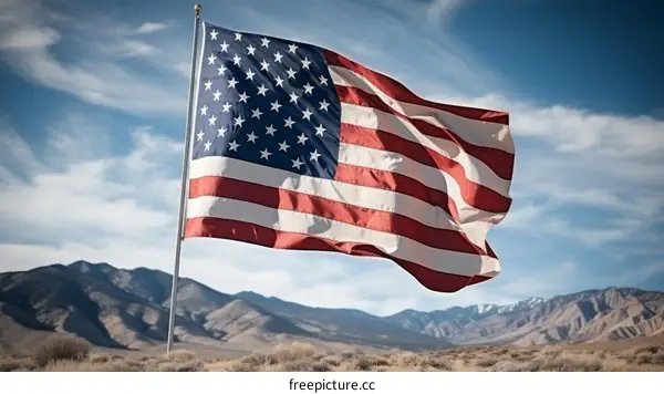 American flag waving in the wind with mountains in the background