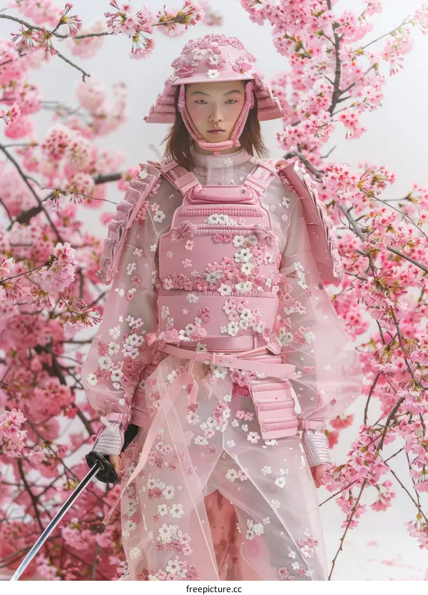 A woman wearing a pink samurai armor stands in a field of cherry blossoms.