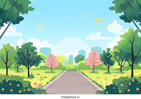 Spring Landscape With Pathway And Butterflies