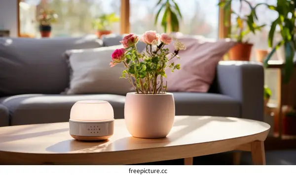 An aroma diffuser and a vase of flowers on a table