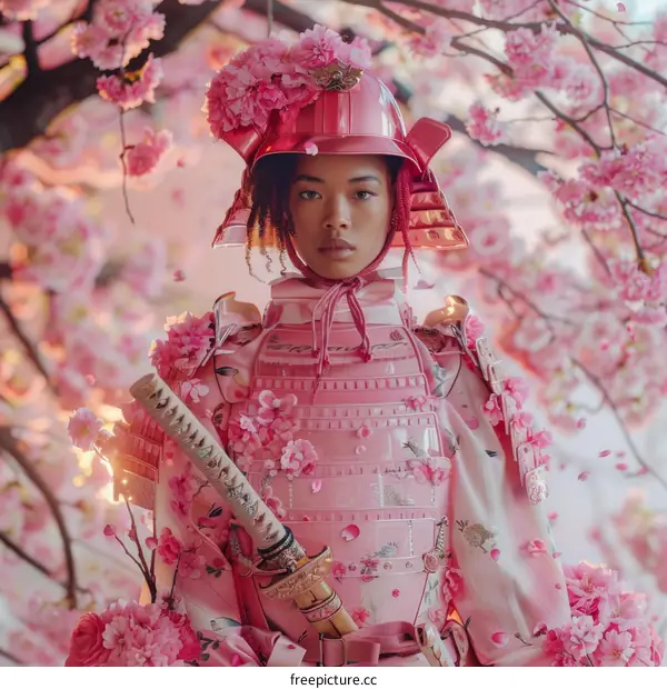 Black Girl in Pink Samurai Armor Amidst Cherry Blossoms