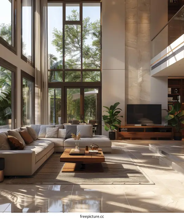 Modern Living Room with Large Windows and View of Trees