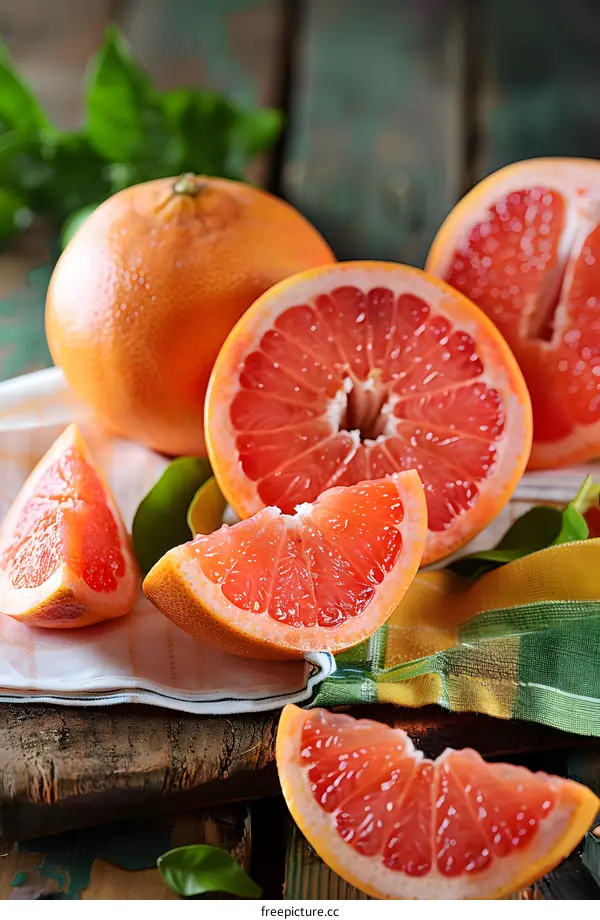 Fresh Ripe Grapefruit Slices on Wooden Table
