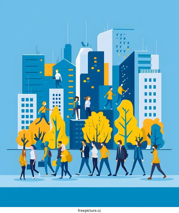 People Walking Through City With Skyscrapers And Trees