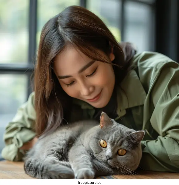 A young woman is petting a gray cat