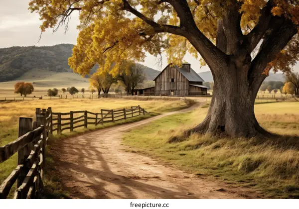 Country road in autumn with a barn and a large tree