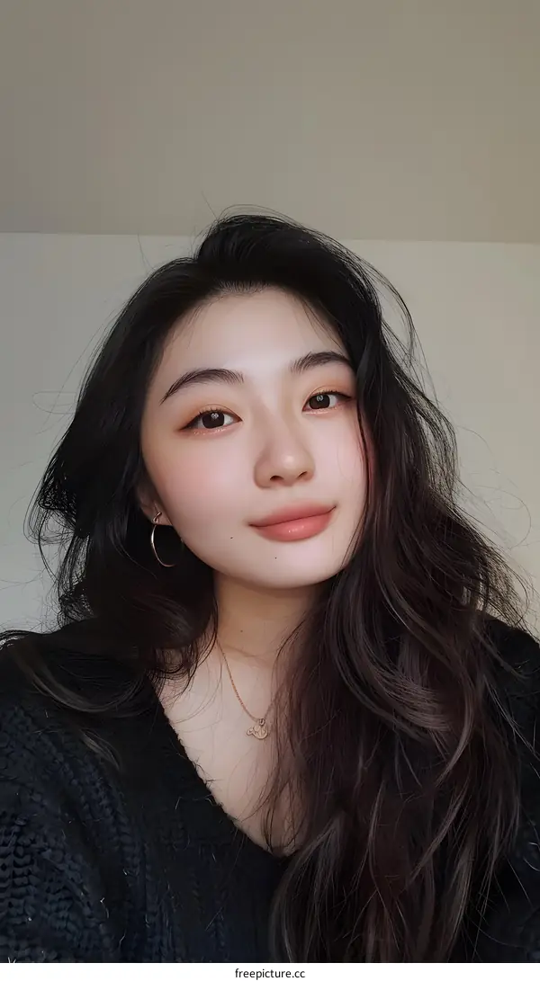 Portrait of a Young Asian Woman with Long Black Hair and a Necklace