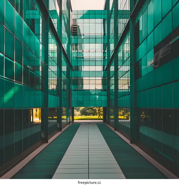 Modern Glass Building Corridor with Green Tiled Wall