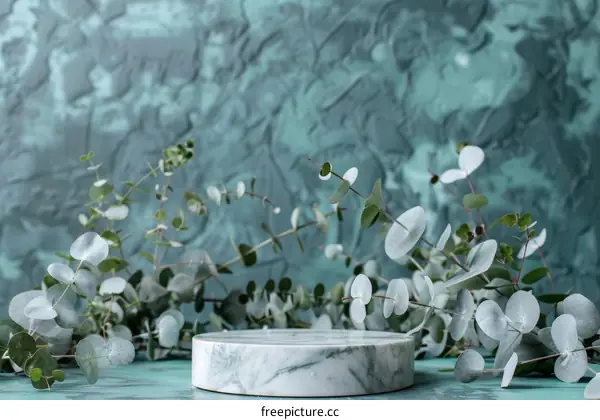 Close-up of marble podium with eucalyptus branches on blue background