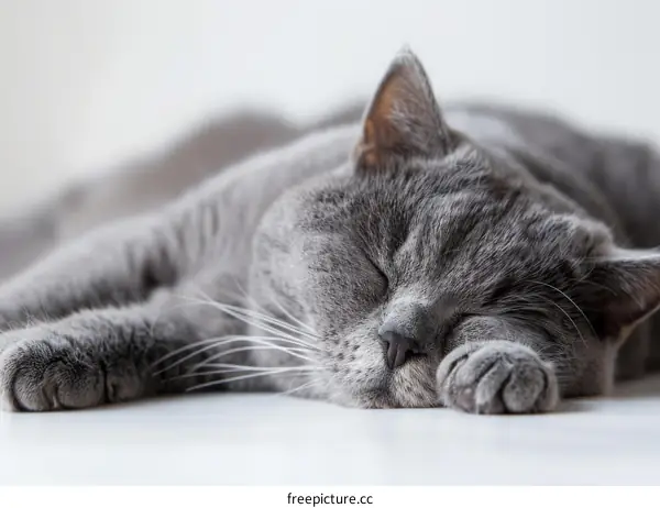 A gray shorthair cat is sleeping on a white table.