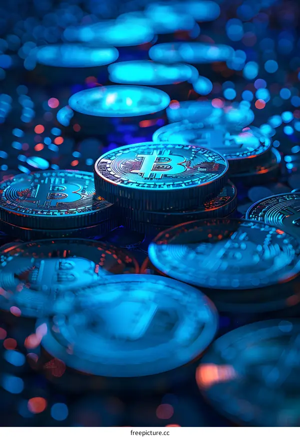 A stack of silver Bitcoin cryptocurrency coins with a blue background.