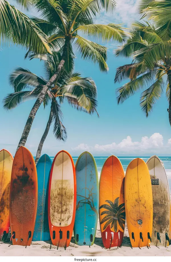Surfboards on the Beach Under Palm Trees