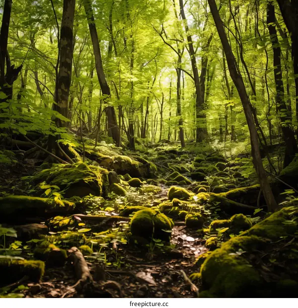 The sun shines through the green leaves of the trees in the forest