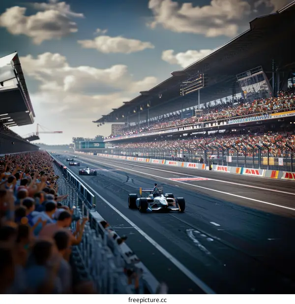 Formula One race car speeding down the track with spectators in the stands