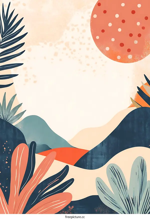 Abstract Minimalist Illustration with Tropical Leaves and  Rounded Shapes