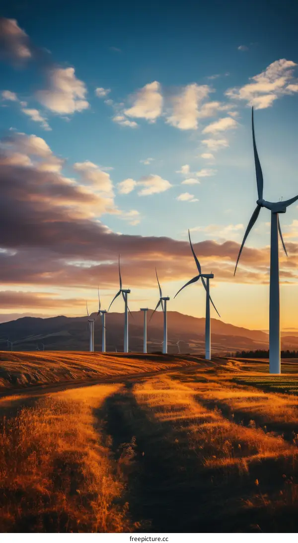 Wind turbines in a field at sunset