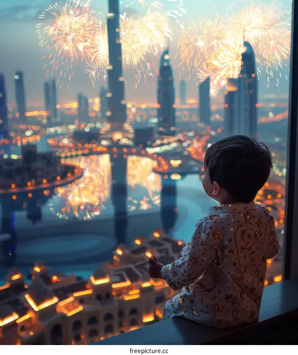 Boy watching fireworks from a window in Dubai