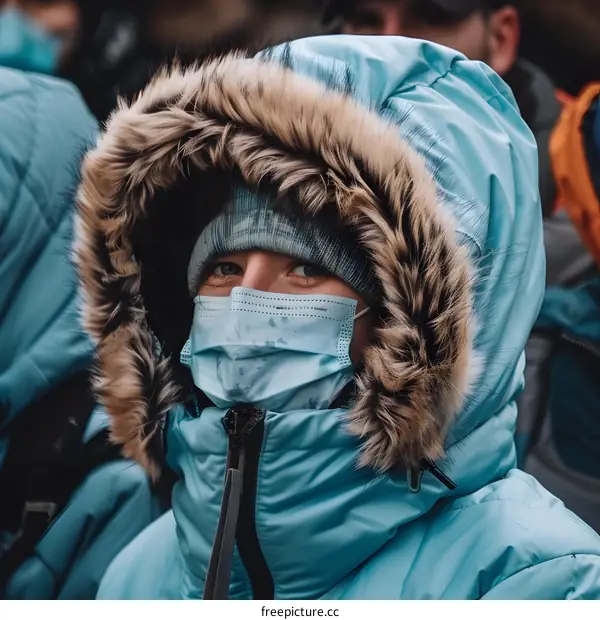 Close Up Portrait of Woman in a Blue Winter Jacket with a Fur Hood and a Face Mask