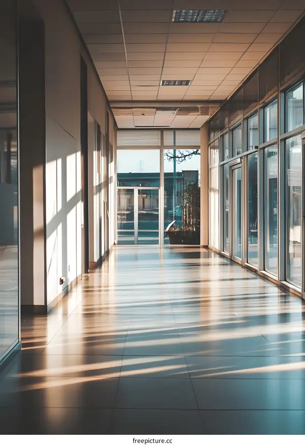 Modern Office Hallway with Sunlight Streaks