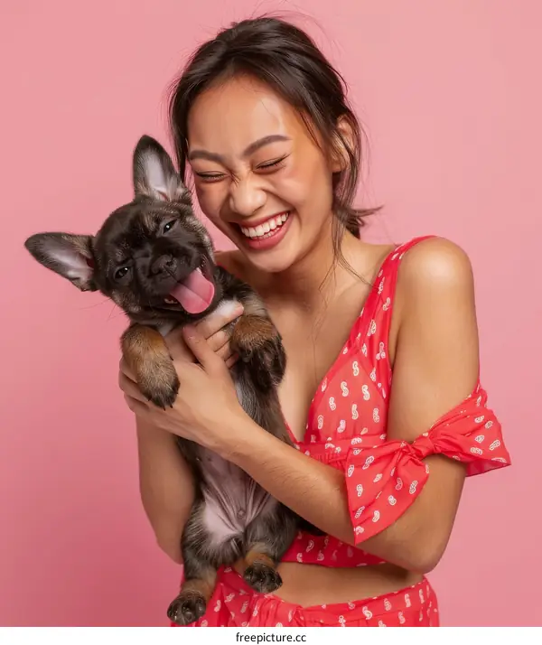 Laughing woman holding cute puppy in hands