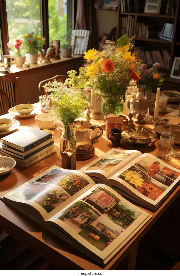 A table full of flowers, books, and dishes
