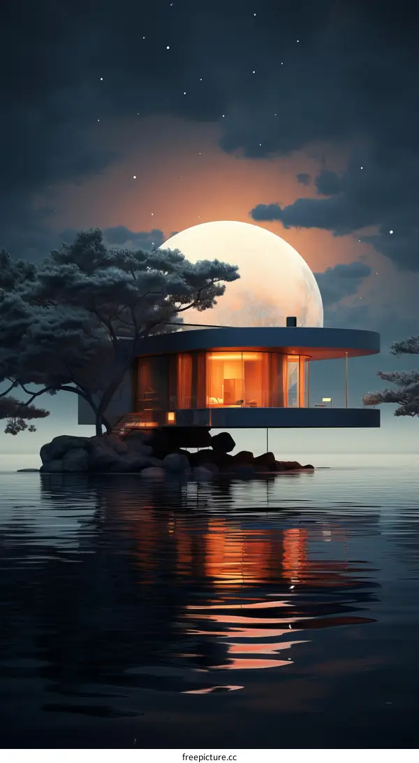 futuristic house near water at night with moon in background