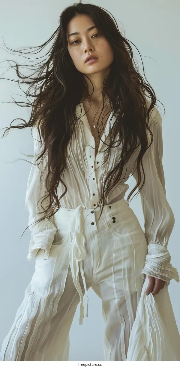 Asian model with long dark hair wearing white blouse and pants