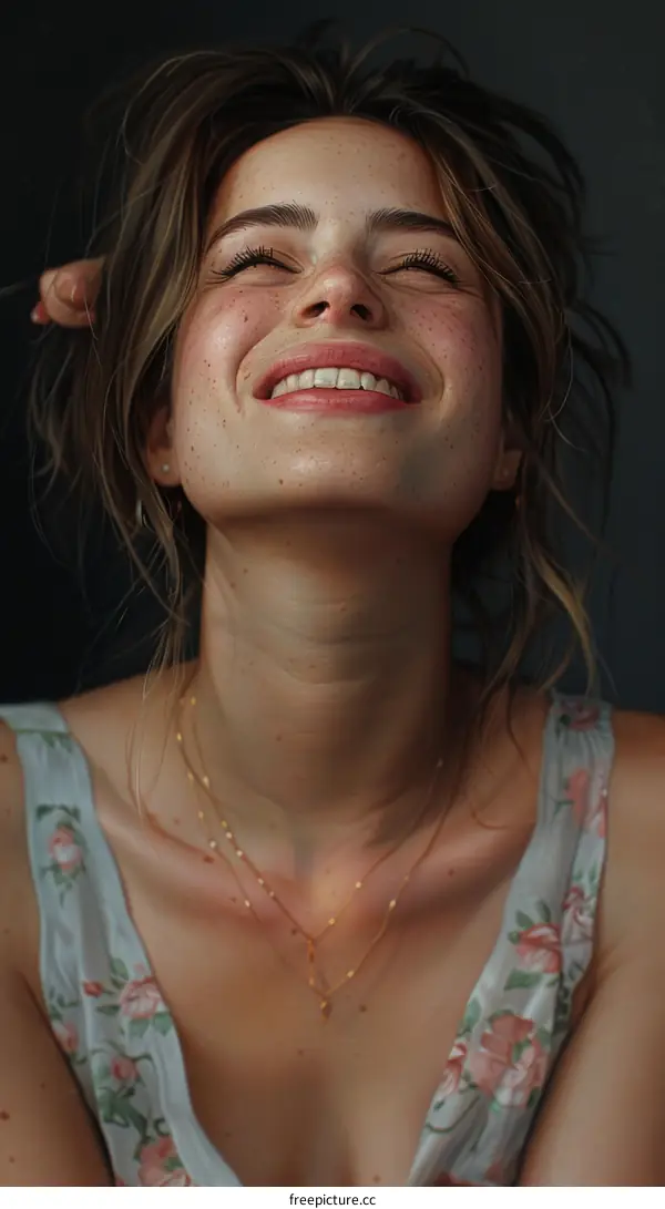 An illustration of a beautiful woman with freckles smiling happily