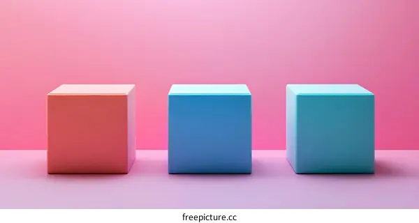 Three Colorful Cubes on Pink Background Minimalist Design