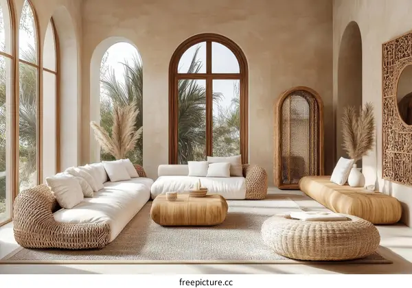 Modern Beige Living Room Design with Woven Furniture