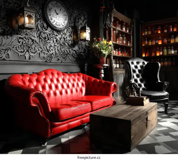 Red Leather Chesterfield Sofa in a Dark Gothic Interior