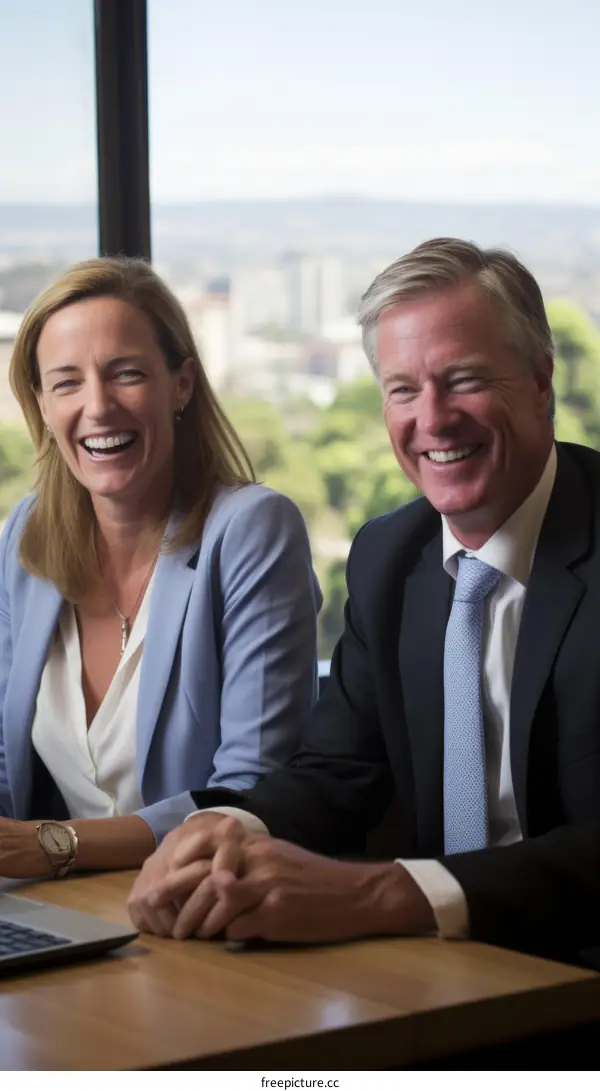 Two business people laughing at a meeting