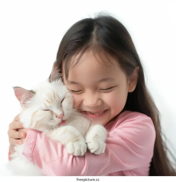 A girl hugging a white cat
