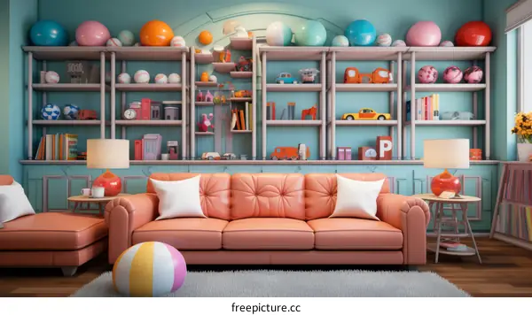 A colorful living room with a pink sofa, lots of toys, and bookshelves