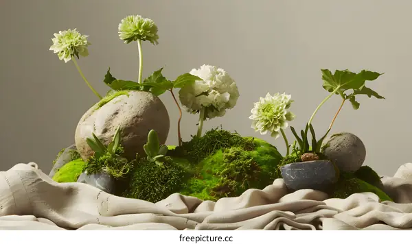 Green Floral Arrangement with Moss and Stones