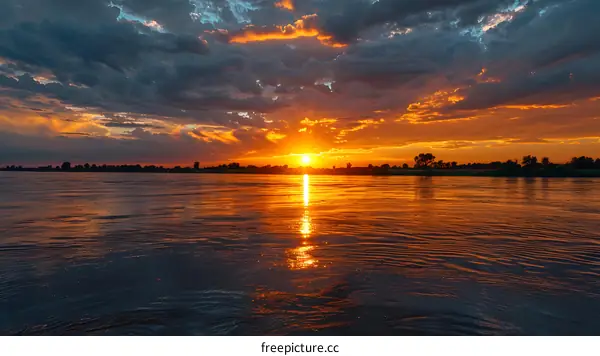 Sunset over a River with Orange Sky and Clouds