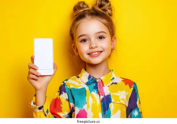 Smiling Girl Holding a Smartphone against a Vivid Yellow Background