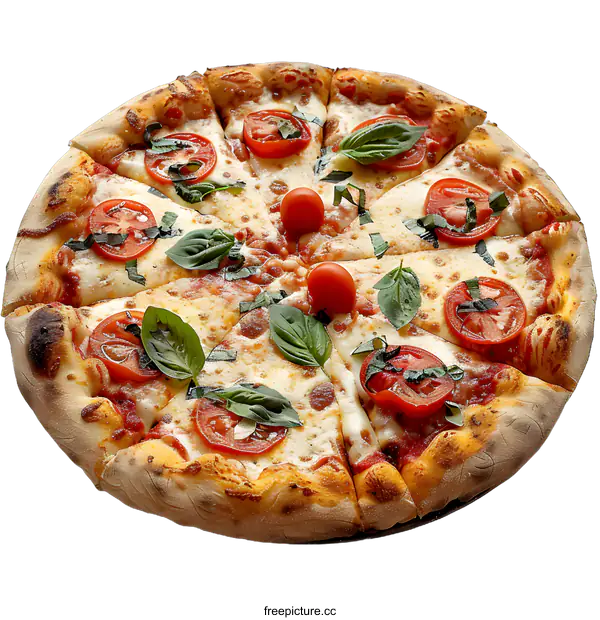 [Transparent Background PNG]Delicious pizza with tomatoes and basil leaves