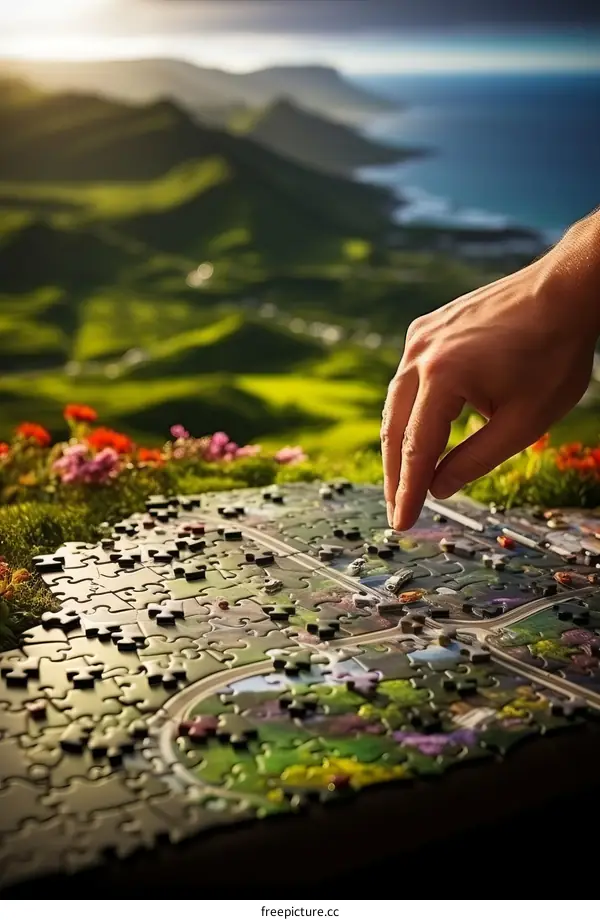 Hand placing the final piece of a puzzle of a beautiful landscape with green hills, blue ocean, and red flowers in the foreground