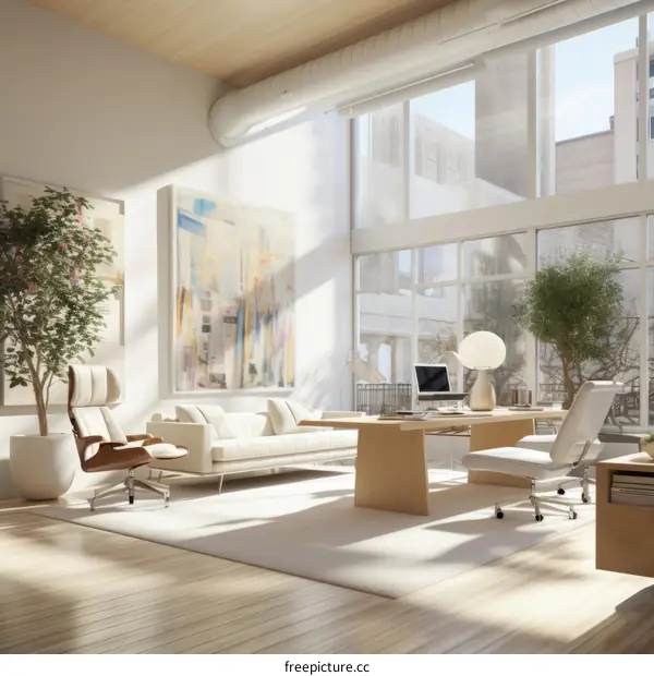 A modern office with a large window, a desk, a sofa, and a tree