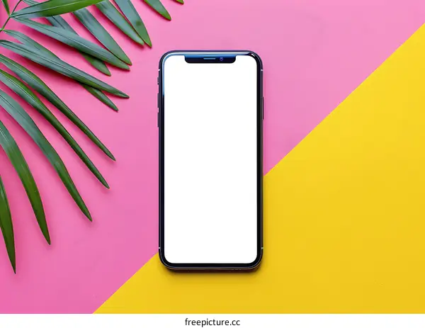 Smartphone Mockup with Palm Leaves on a Pink and Yellow Background