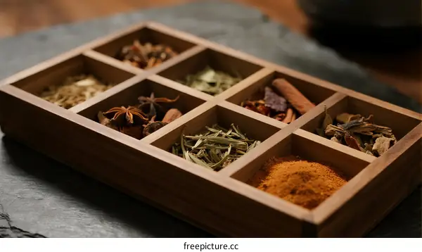 Wooden box containing various dried herbs and spices arranged neatly