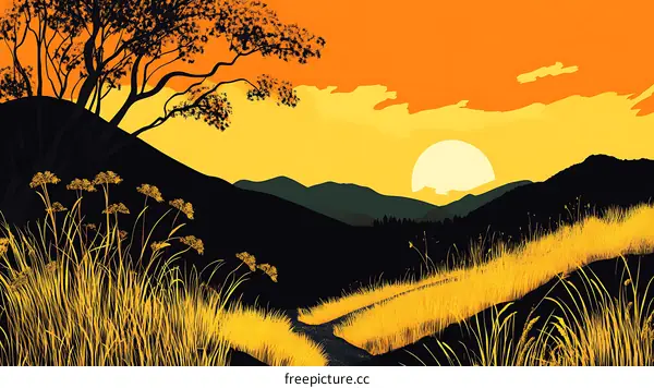 Sunset Landscape with Grass and Mountains