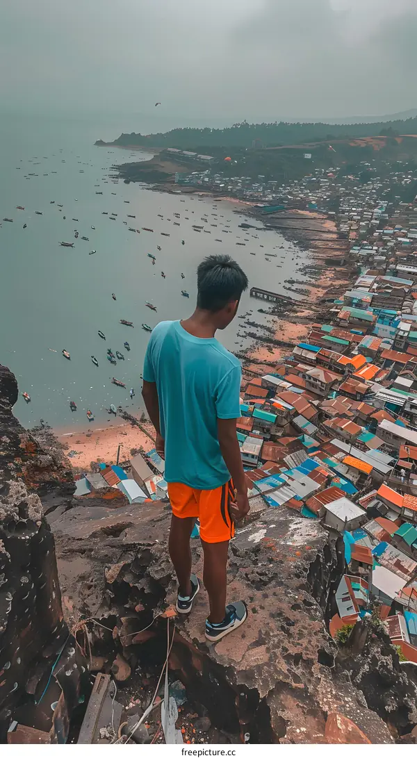 Man Standing on a Cliff Overlooking a Village by the Sea