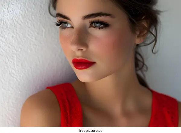 Woman with Red Lipstick and Freckles