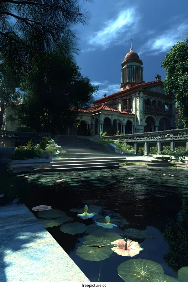Water Lilies In Front Of A Majestic Mansion