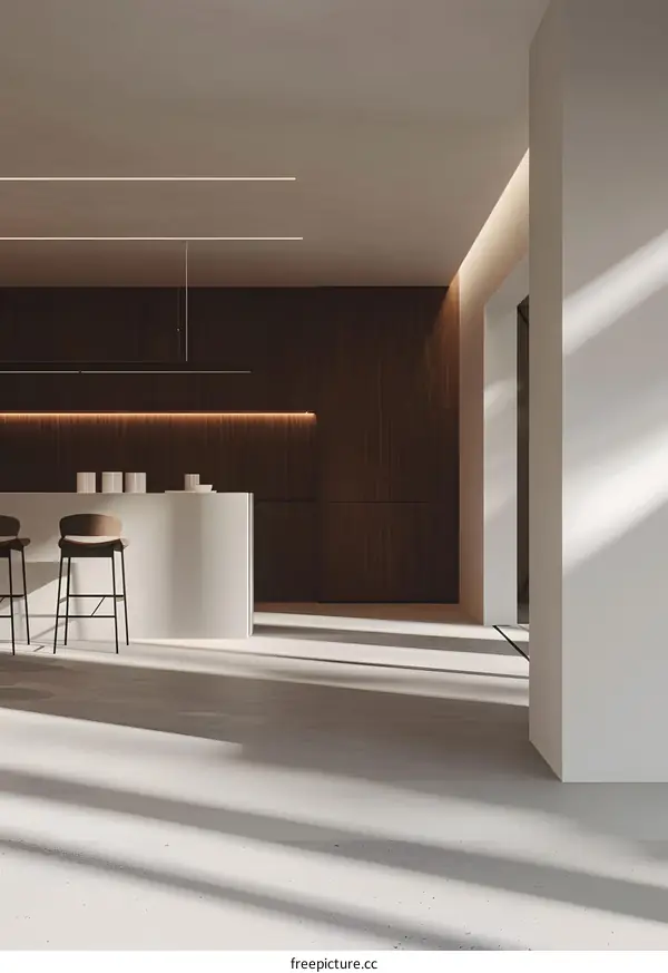 Minimalist Kitchen Interior Design with White Countertop and Wooden Wall